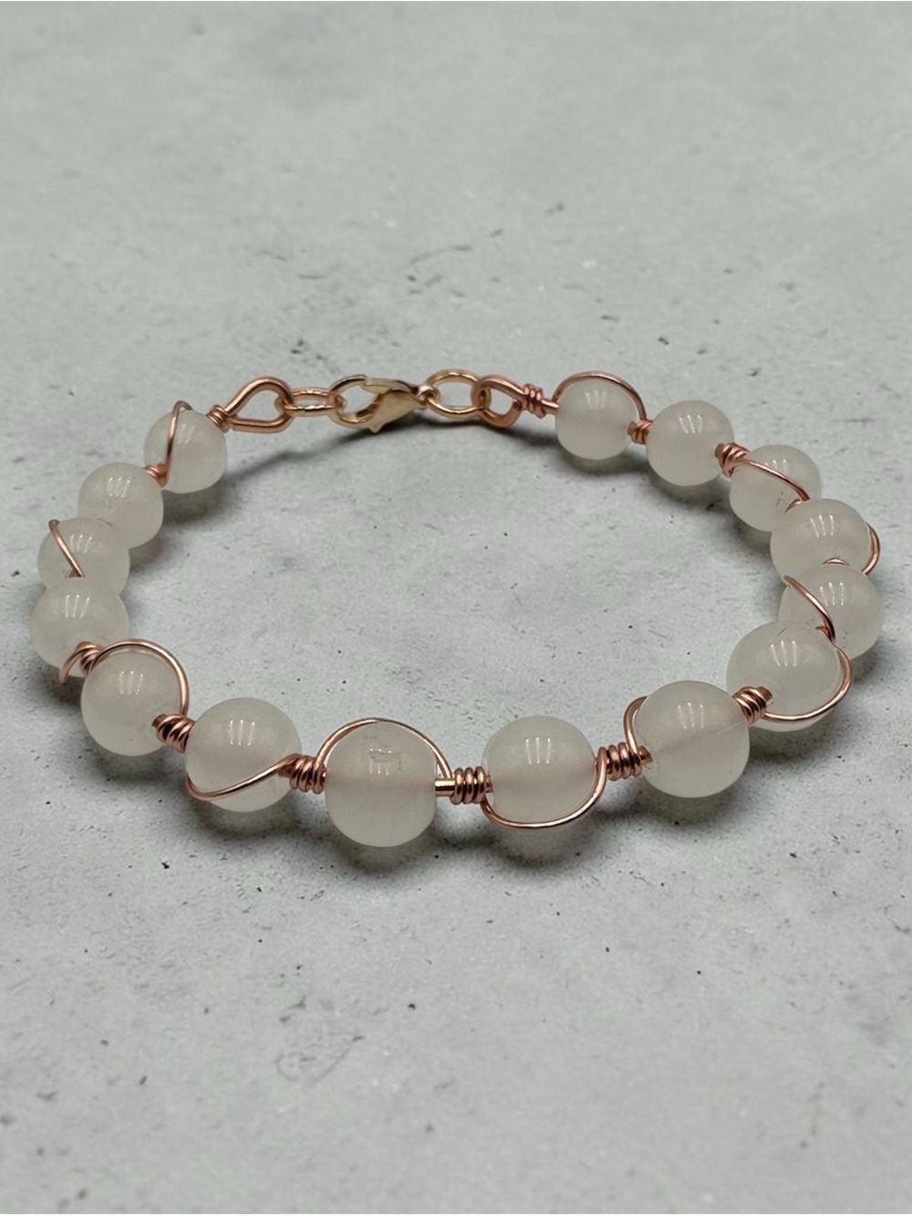Milky White Beaded Bracelet Handmade Wire Wrapped Copper Boho Jewelry Gift